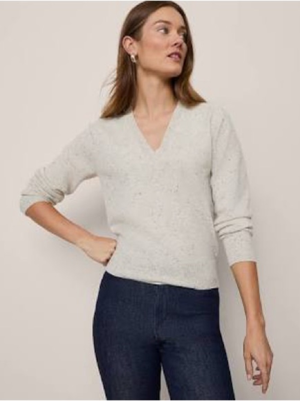LOFT Sequin Double V-Neck Sweater Taupe Sand Medium - Picture 8 of 8